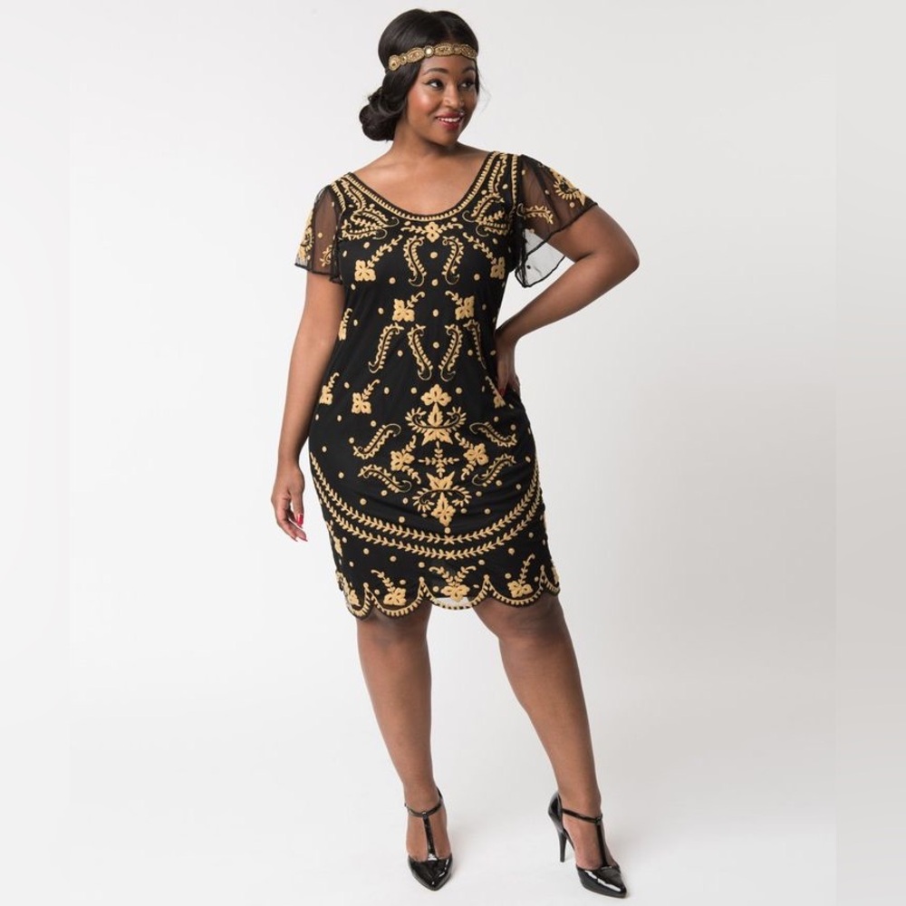 Gatsbylady Flapper Dress Women 14 Black Beaded Embroidered Sheer Party Festive